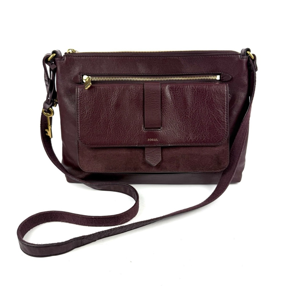 Fossil Kinley Crossbody Bag Burgundy Wine Leather Boho Flap Handbag Key Fob